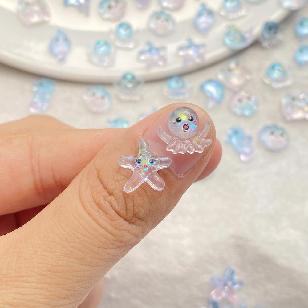 60pcs Resin Mini Blue Jellyfish Seahorse Starfish Pearl Shell Art Nail Flat Back Rhinestone DIY Scrapbook Christmas Crafts