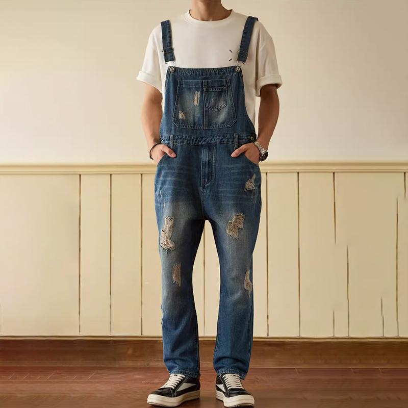 Salopette in Denim Lavato Vintage da Uomo – Salopette con Tasche e Effetto Usurato | Perfetta per Outfit Hip Hop, Skate o Casual