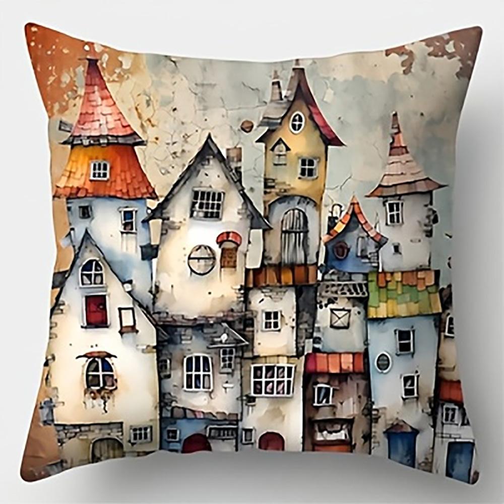 1/4pcs 2D Flat- Whimsical Storybook Tiny Town Decorative Throw Pillow Cover Home Farmhouse Outdoor Decoration Cushion Cover