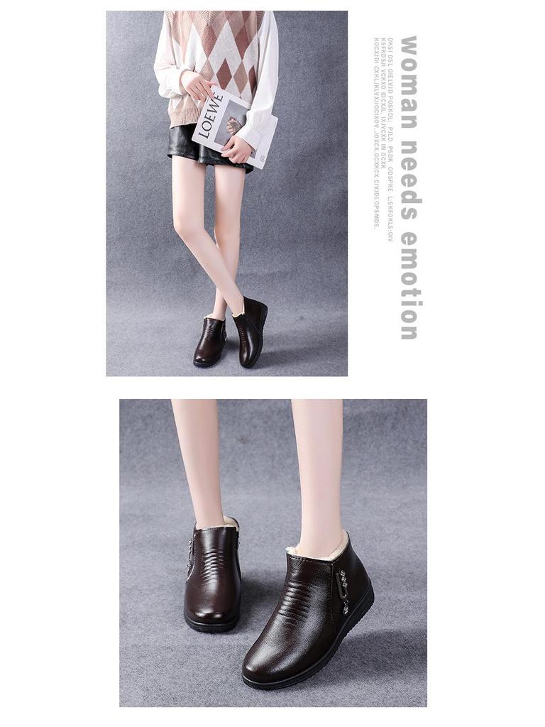 Women's Winter Soft Sole Cotton Boots for Middle-Aged and Elderly - Velvet-Lined, Flat Bottom, Leather Short Boots