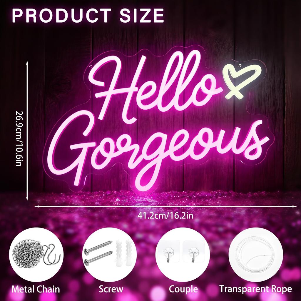 Hello Gorgeous Neon Signs for Wall Decor, Hello Beautiful Lights for Girls Bedroom, Makeup Room Decor, Wedding, Birthday Party