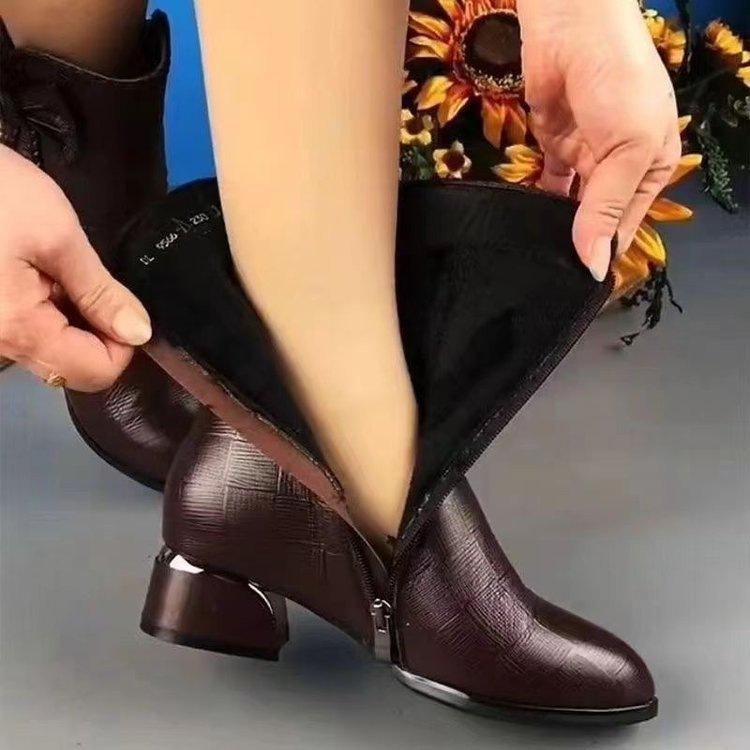 Bow medium leather boots women's 2025 autumn and winter new fashion thick heel single boots versatile British high heel Martin boots