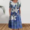 Women's Summer Short Sleeve Midi Dress V-Neck Pleated Swing Dress Boho Floral Print Tunic Shirt Dress with Pockets