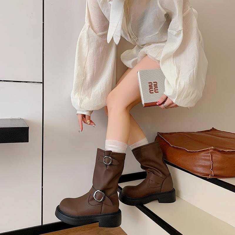 

Fashion 2025 New Ankle Boots, Women s Interior Height Increasing Western Boots, Retro Thick Heel Round Toe Pile Up Boots Women Shoes 35 коричневый