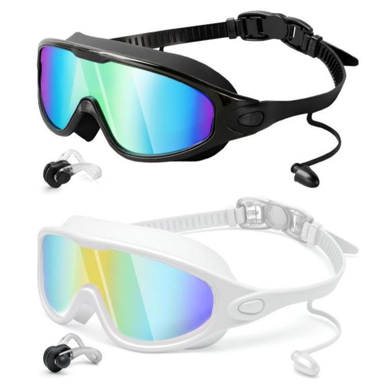 Large Frame Plated Waterproof Anti-Fog Swimming Goggles with One-Piece Earplugs for Men and Women