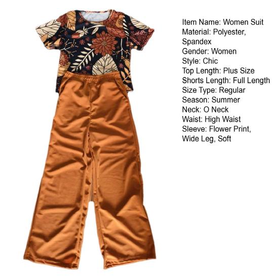 2 Pcs/Set Women T-shirt Pants Set Flower Print Short Sleeve O Neck Top Plus Size Wide Leg High Elastic Waist Loose Commute Formal Casual Set