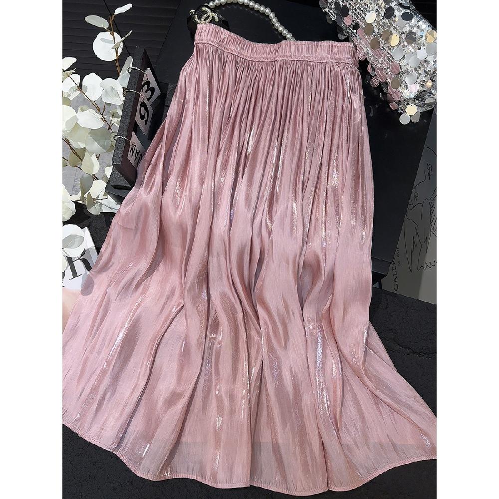 Retro Style Fashionable Pleated Drooping Slimming High Waist A- Line Skirt High-Grade Glossy Pearlescent Chiffon Pleated Skirt