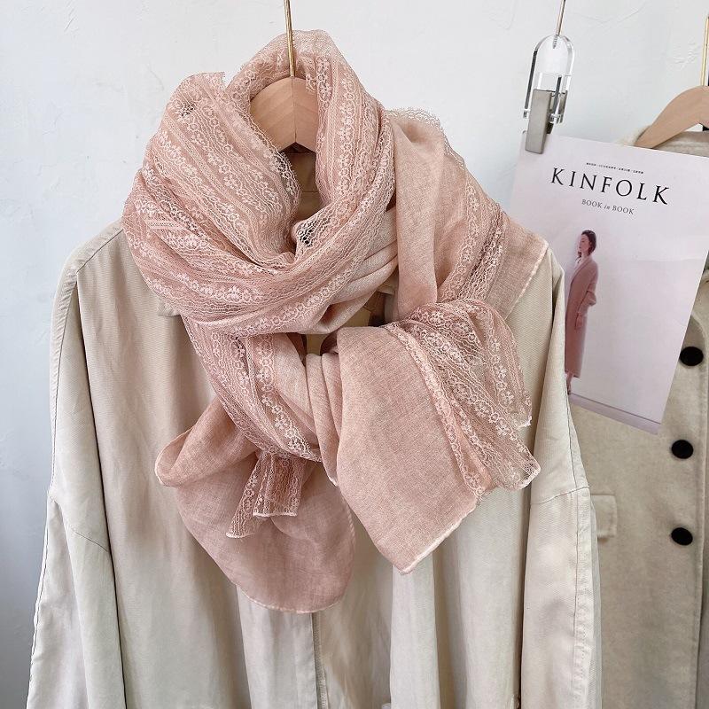 Eșarfă de Modă din Bumbac și In 180*90cm cu Garnitură de Dantelă, Eșarfă Șal pentru Patru Sezoane, Gaze de Plajă Lungă și Ușoară pentru Călătorie