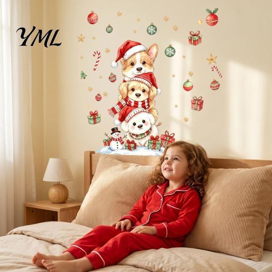 Indoor Christmas Wall Ornaments Decals, Watercolor Stacked Dogs Stickers, Self?Adhesive PVC Xmas Holiday Decor for Living Room Puppy Stickers