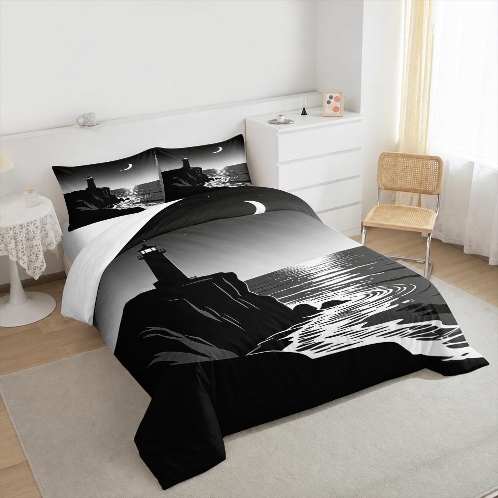 3 Piece Bedding Set Lighthouse Moon Ocean Silhouette Black White Minimalist Print Duvet Cover for Adult Room Decor