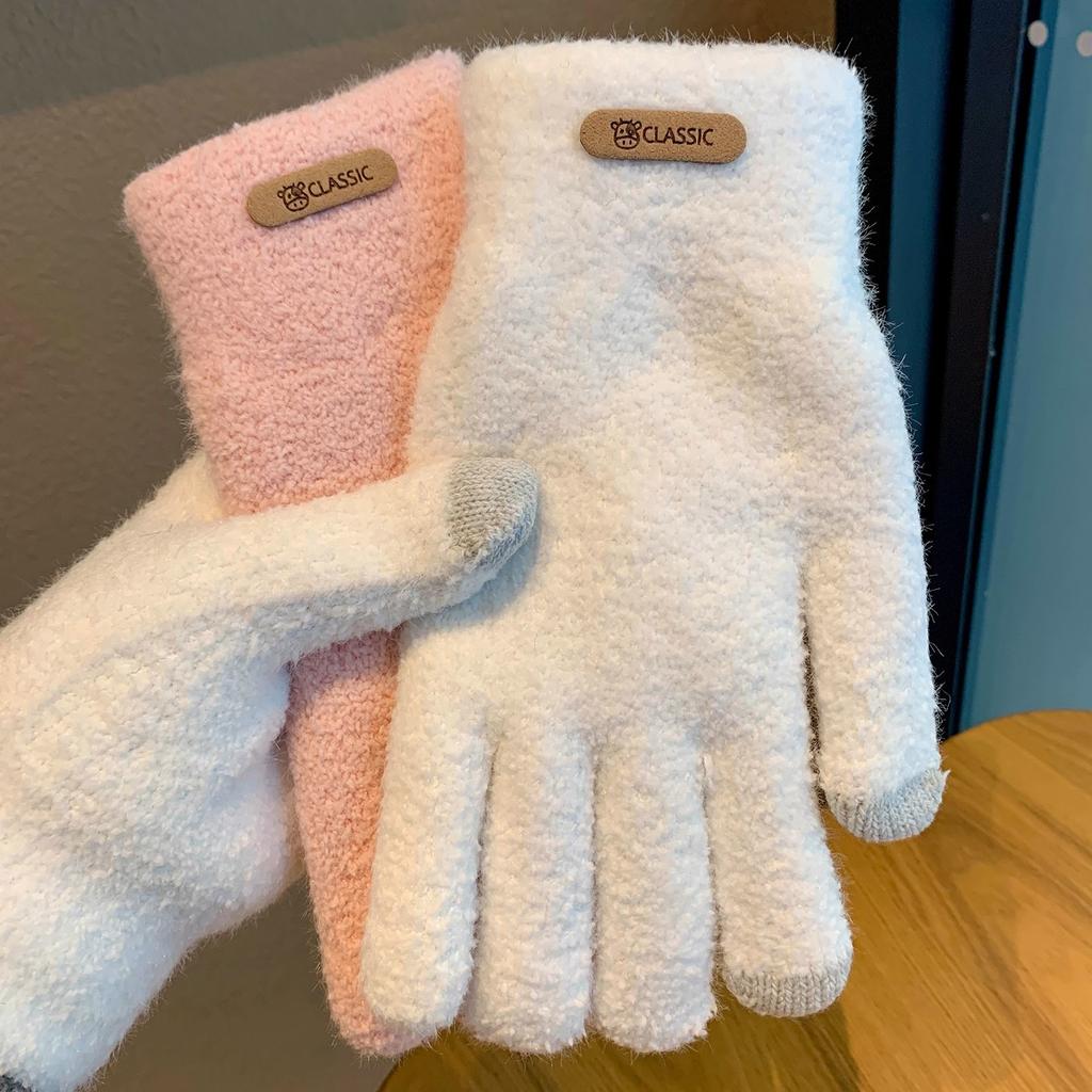 ins Knitted Finger Gloves Women's Warm Thickened Fleece Antifreeze Solid Color Gloves Students