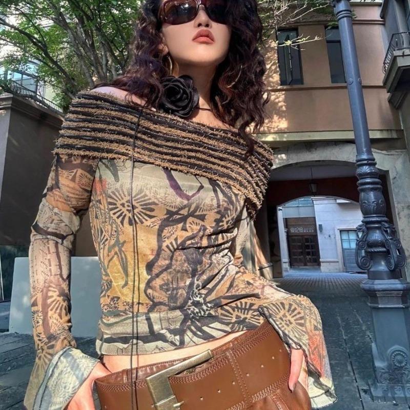 2KWEIRD Japanese Y2k Off Shoulder Tops Vintage Harajuku Flare Sleeve T-shirt Grunge Aesthetics Slash Neck Patchwork Mesh Tops