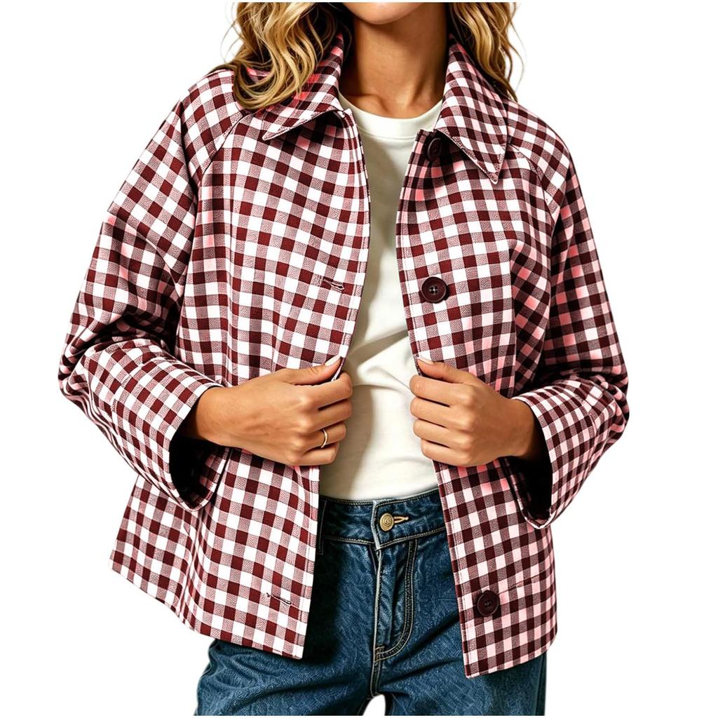 Women's Casual Long Sleeve Button-Up Plaid Jacket