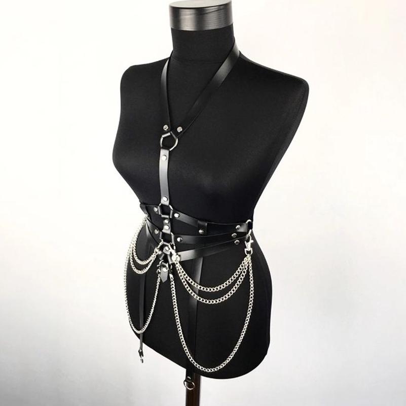 Gothic Punk PU Leather Belt With Detachable Chain Woman Adjustable Body Harness Halter Sexy Leather Waist Belt