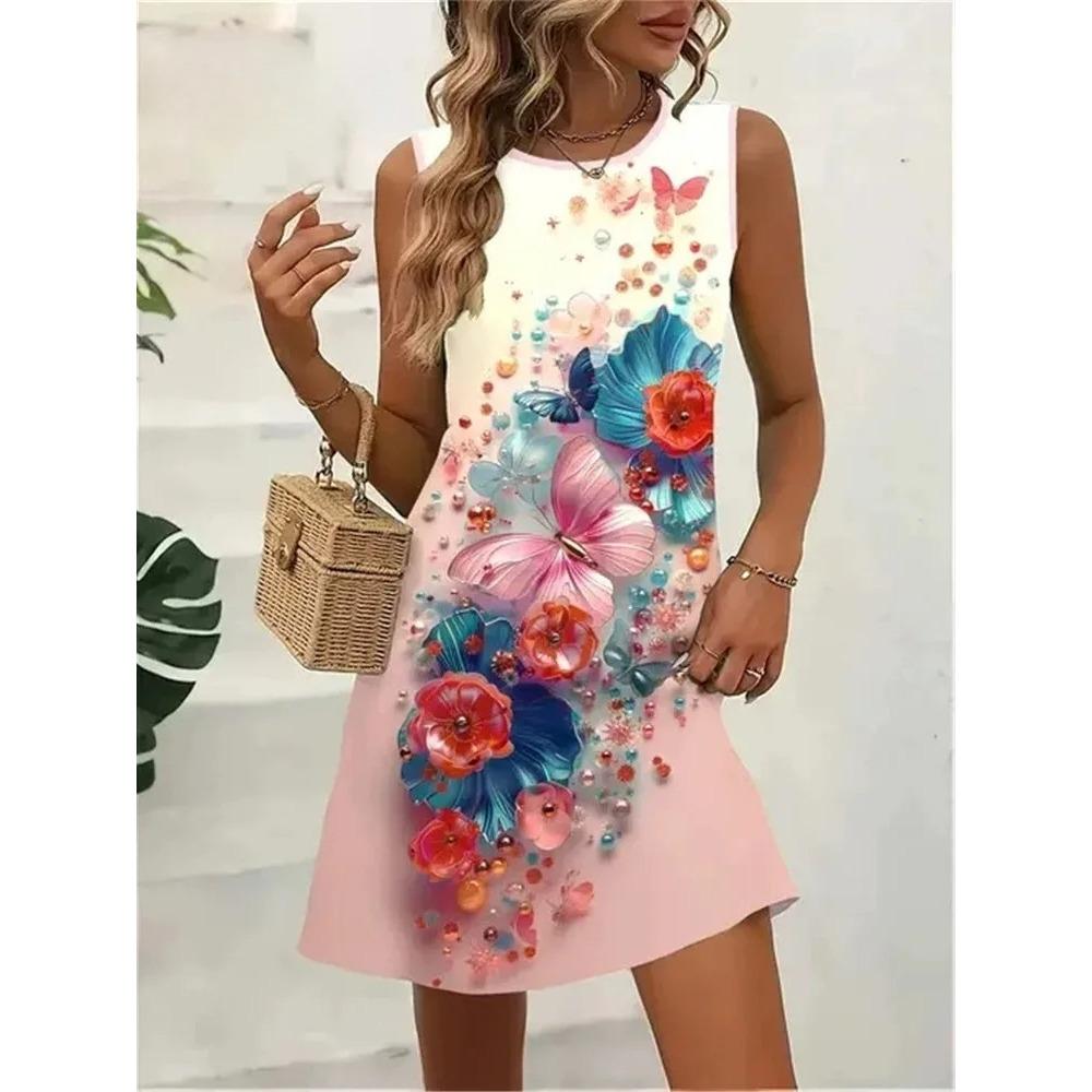 Flowers Butterfly Print Dresses Summer Women Vintage Sleeveless Mini Dress Casual Comfortable Breathable Pocketless Dress