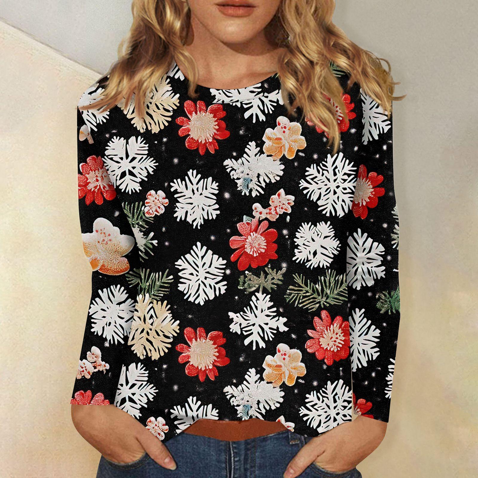 

Женская мода повседневный рождественский принт круглый вырез длинный рукав пуловер топ XXL белый