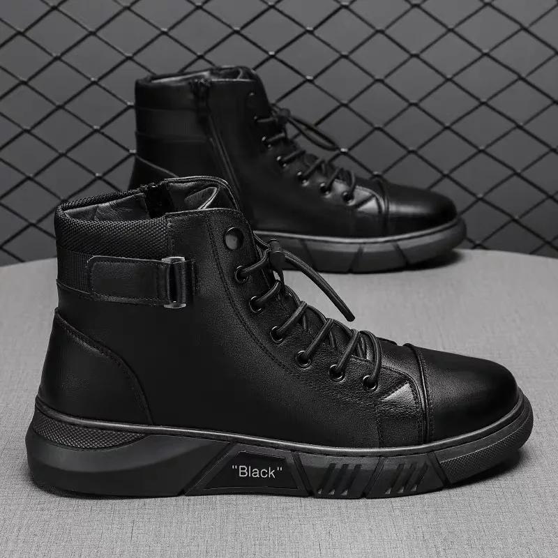 Men's High Top Motorcycle Boots Fashion Black Leather Boots New Outdoor Waterproof Platform Boot Men Boots Luxury Designer