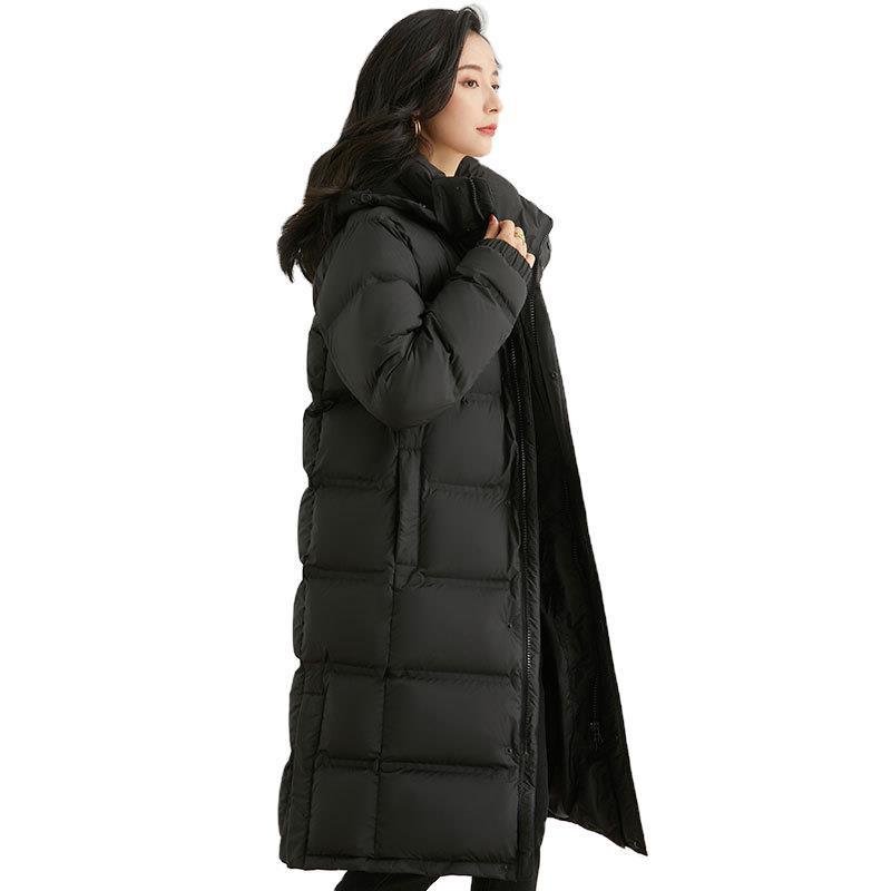 Womens Long Down Coat With Hood Mid-Length To Knee Thick White Goose Fill 81-85% Content Removable S-3XL