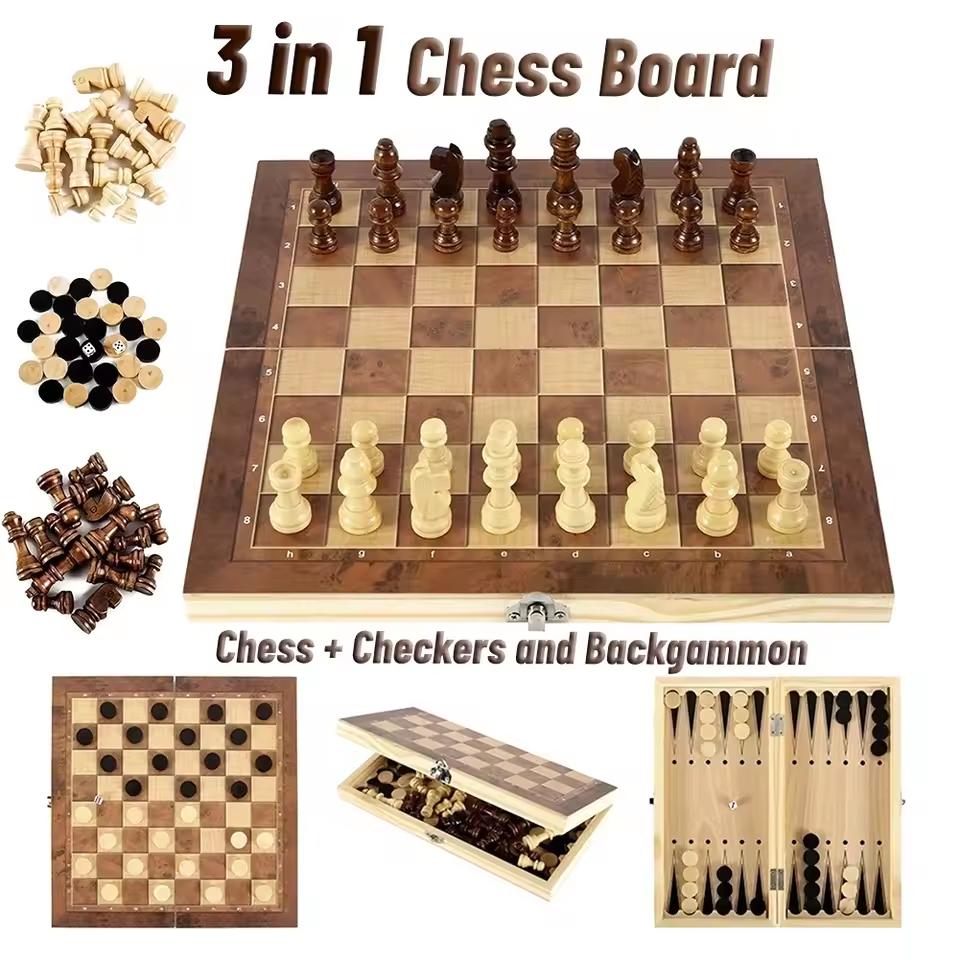 3 in 1 Chess Board Folding Wooden Portable Chess Game Board Backgammon Developing Strategic Thinking Chess Chekers for Kid Adult