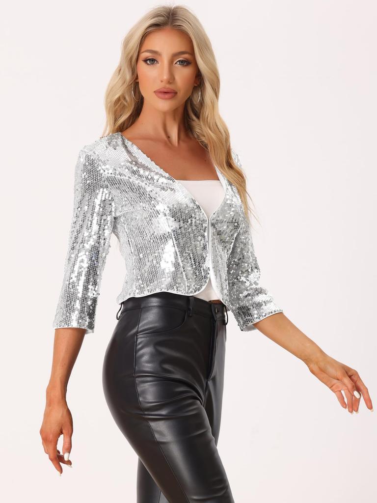 Allegra K Women's Silver Sequined Blazer Jacket, Short, Shrug, 3/4 Sleeves, Open Front, Party, Christmas, Halloween Costume, Size L