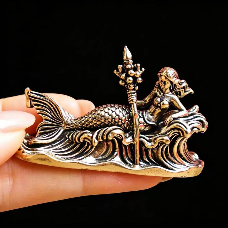 Vintage Brass Mermaid Statue Greek Ocean Goddess Collectible Sculpture Retro Antique Style for Nautical Theme Decor