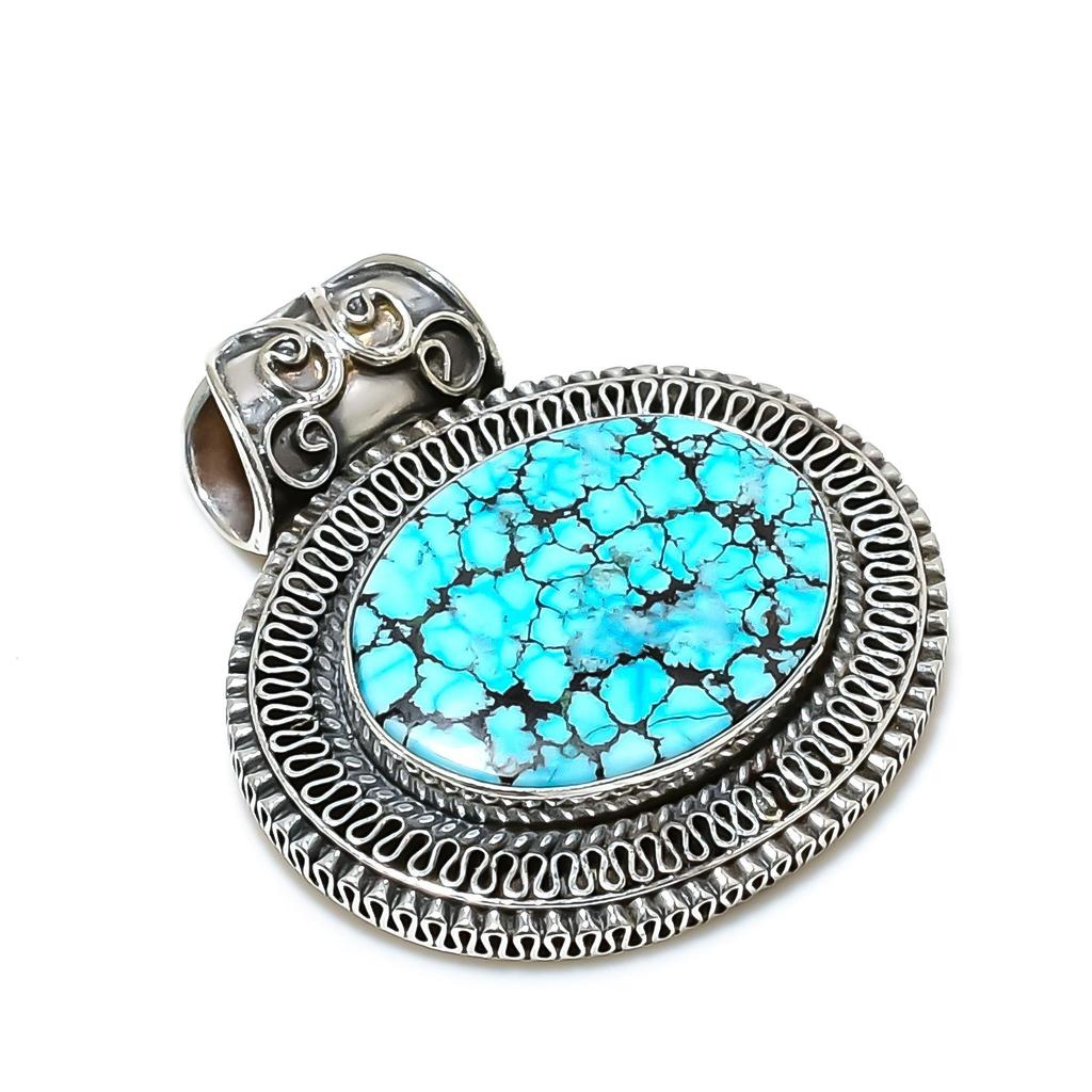 Natural Tibetan Turquoise Gemstone Silver Pendant In 925 Sterling Silver- Handmade Design, Everyday Wear Jewelry, Antique Pendant Gifts For Her