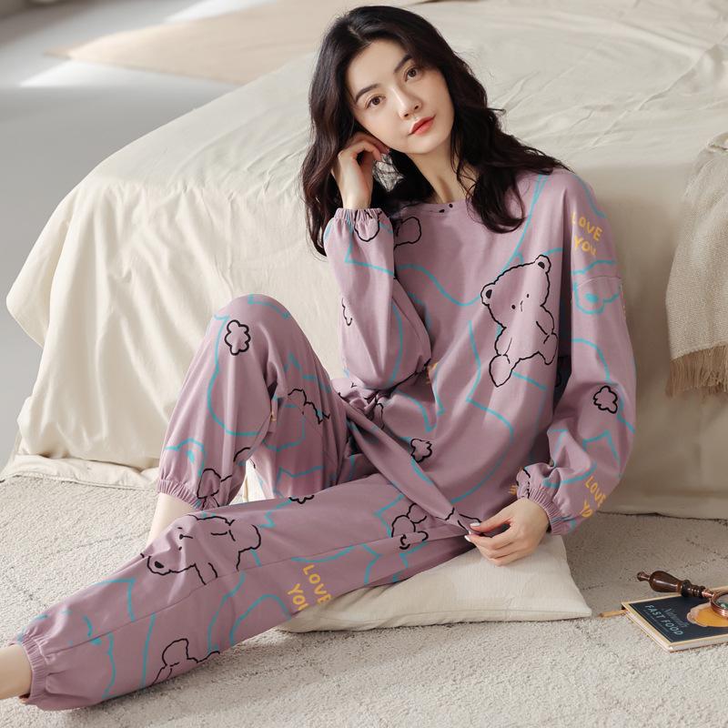 Women's Spring/Fall Long-Sleeve Outerwear-Style Loungewear Set Student Sweet & Fresh Long-Sleeve Top + Loose-Fit Comfortable Pants Two-Piece Set