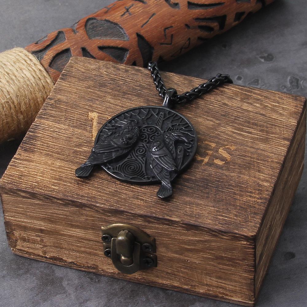 Black Norse Odin Huginn And Muninn Raven Pendant Necklace Stainless Steel Viking Amulet Jewelry