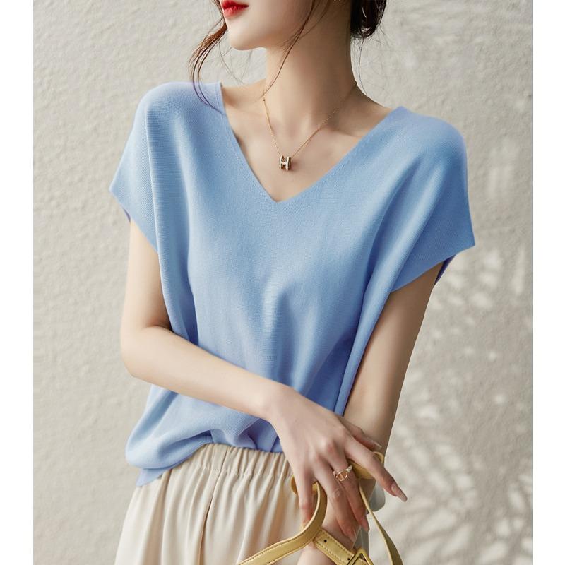Summer New Thin Fashion Bat Sleeve Casual Loose Knitted Shirt Women Solid Elegant Ice Silk Blouse Women Simple Slim Office Ladies Shirts Tops 26633