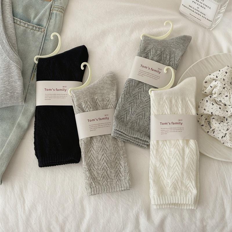 Simple And High-End ~ Early Autumn Diamond Lattice Small Fragrance Style Socks Women'S Hollow Mesh Calf Pile Socks
