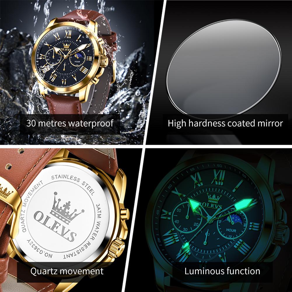 Men's Sports Timing Waterproof Luminous Moon Phase Quartz Watch Three Eye Dial Holiday Gift Business Watch