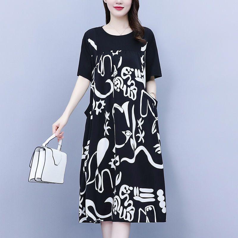 High-end dress women's new fat mm casual large size fashionable printing splicing loose belly and thin skirt
