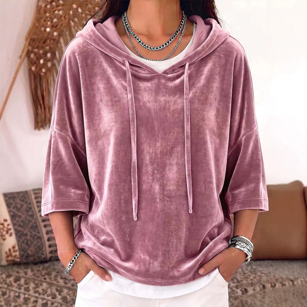 Women's Velvet Sweater Autumn and Winter European and American Women's Clothing New Hoodie Solid Color Drawstring Seven-quarter Sleeve Pullover Top