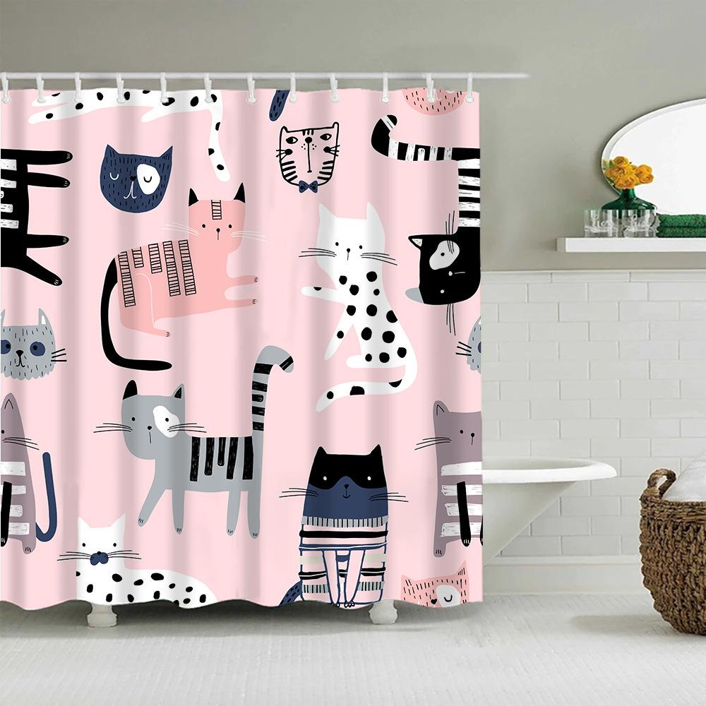 Puppy Cat Cute Cartoon Shower Curtains Washable Fabric Polyester For Bathtub Art Bathroom Decor Partition With Hooks Waterproof