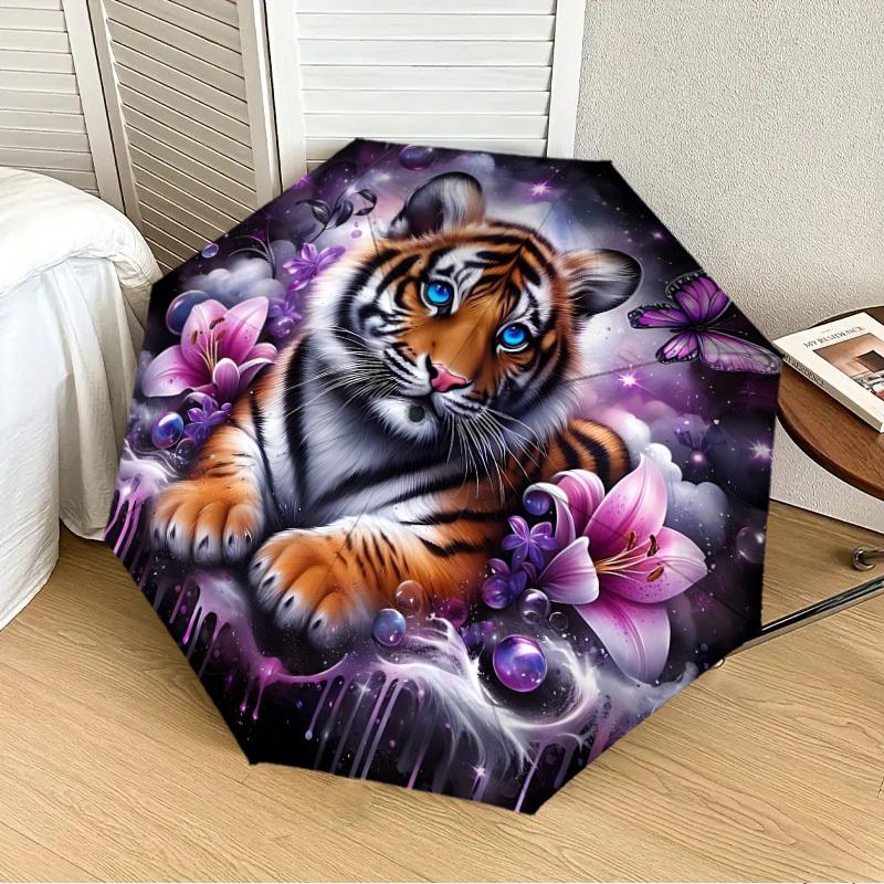 

1PC Tiger Fantasy Art Automatic 8-Bone Folding Umbrella - Durable Polyester & Iron Frame,Userfriendly Operation y250929160