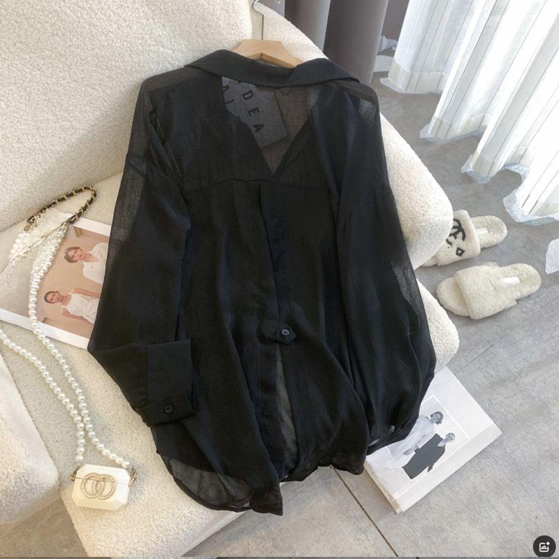 Womens Summer Loose Fit Shirt Ice Silk Print Long Sleeve Open Front Casual Blouse Lightweight Outwear