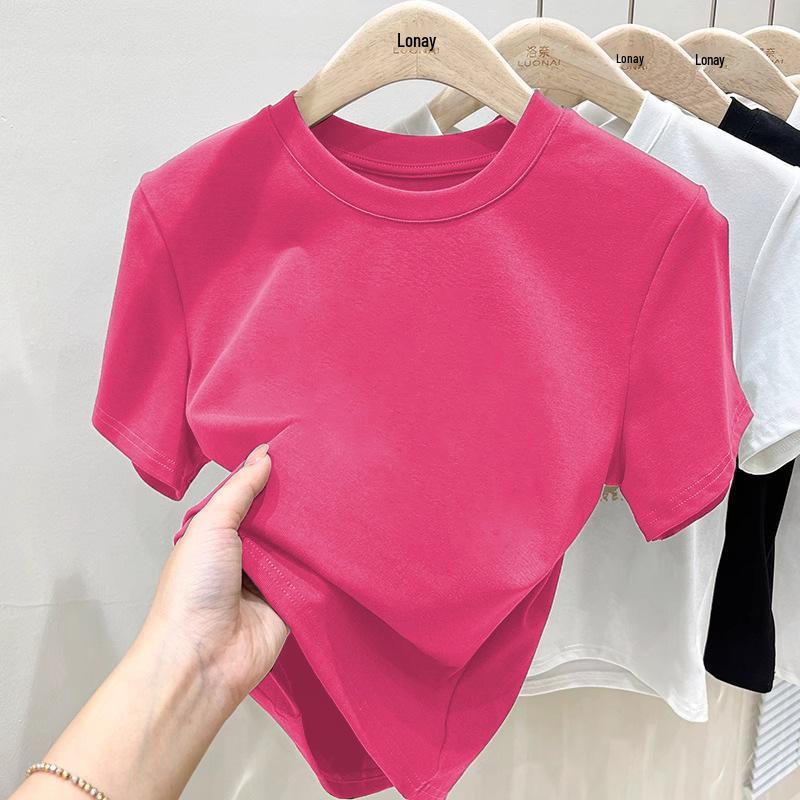 2025 Summer Minimalist European Women's Short Sleeve Round Neck Cotton T-shirt