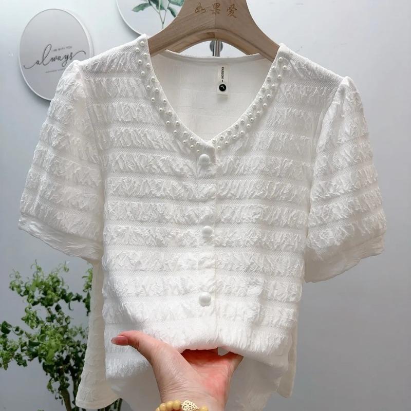 Womens Solid Color Textured Short Sleeve Round Neck T Shirt L белый