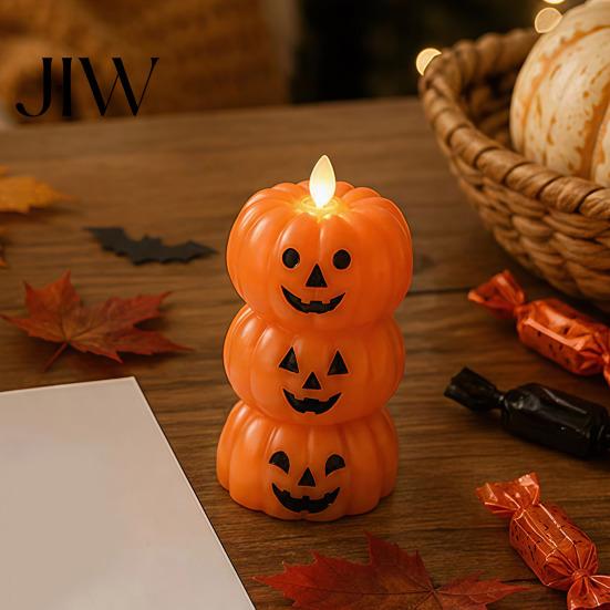 Lichtgewicht Pompoen Decoratie Halloween 3-laags Gestapelde Kaarslamp, Flakkerende Vlamloze LED Stapelbare Lampen Kaars, Op Batterijen Werkende Nep Zuil