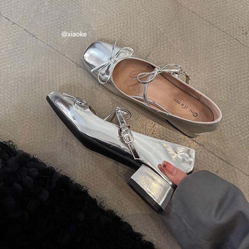 French bow light mouth silver single shoes women's spring and autumn new retro fairy ballet thick heel Mary Jane small leather shoes