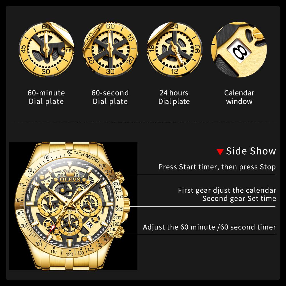 OLEVS Watches Mens 9913 Gold Skeleton Quartz Watch Waterproof Luminous Calendar Watches For Men Gifts Original Business Reloj