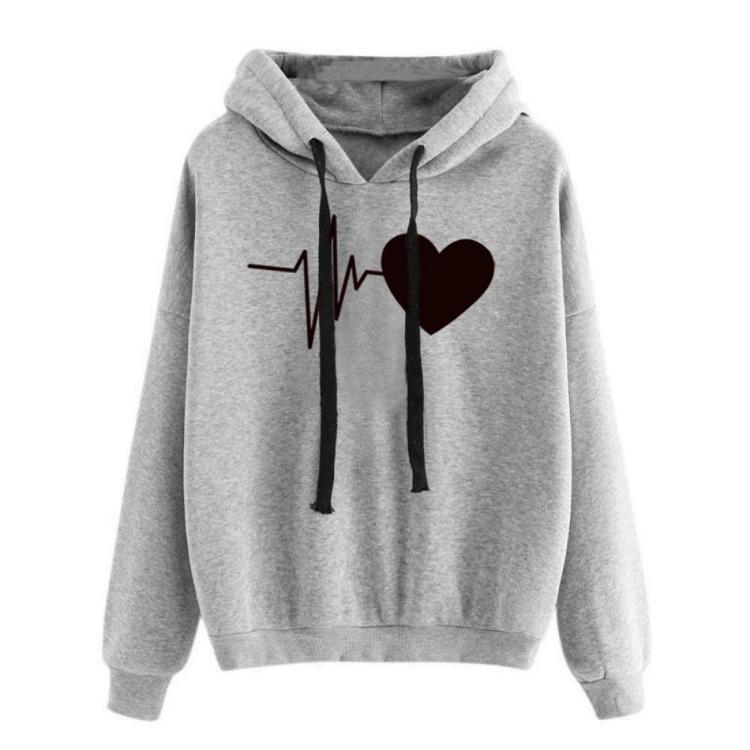 

Heartbeat Print Hooded Sweater Jacket Loose Casual Autumn Winter 5XL світло-сірого кольору