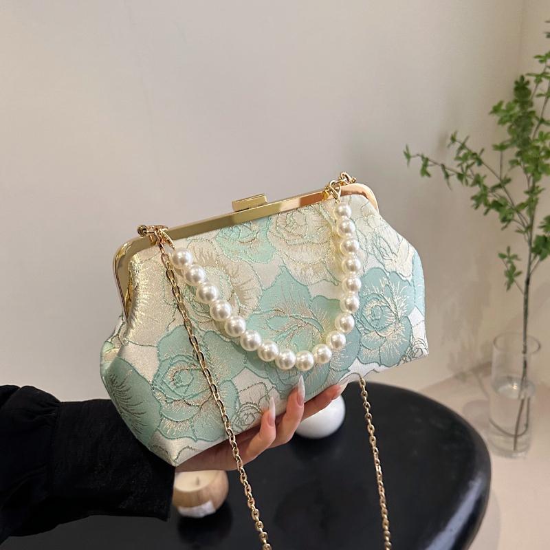 Chinese Cheongsam Style Women's Bag  Crossbody Shoulder Bag  Chain Beads  Embroidered Flower Pattern  New