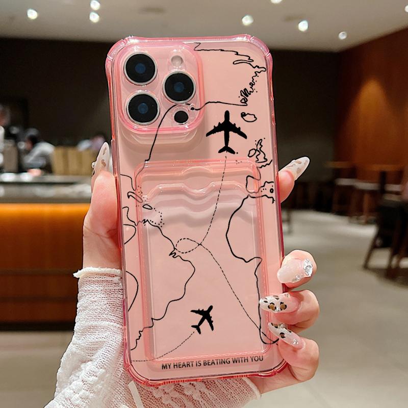Shockproof Card Slot Silicone Soft Mobile Case For iPhone 16 Pro Max 15 Pro 14 13 12 11 Simple Aircraft Route Print Slim Clear Protection Phone Cover