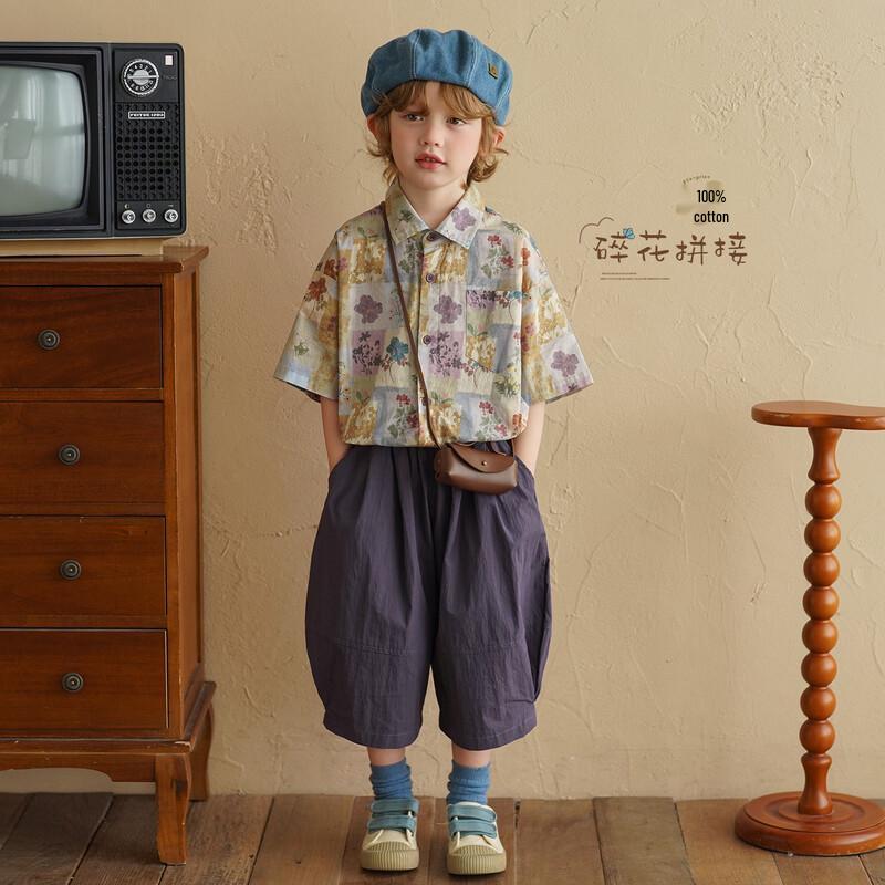 Yantaijia Kids Floral Print Short-Sleeve Cotton Shirt
