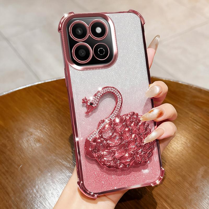 KEYSION Shockproof Plating TPU Phone Case for HONOR X7c Glitter Jewelled Swan kickstand Back Cover for Honor 200 Smart 5G