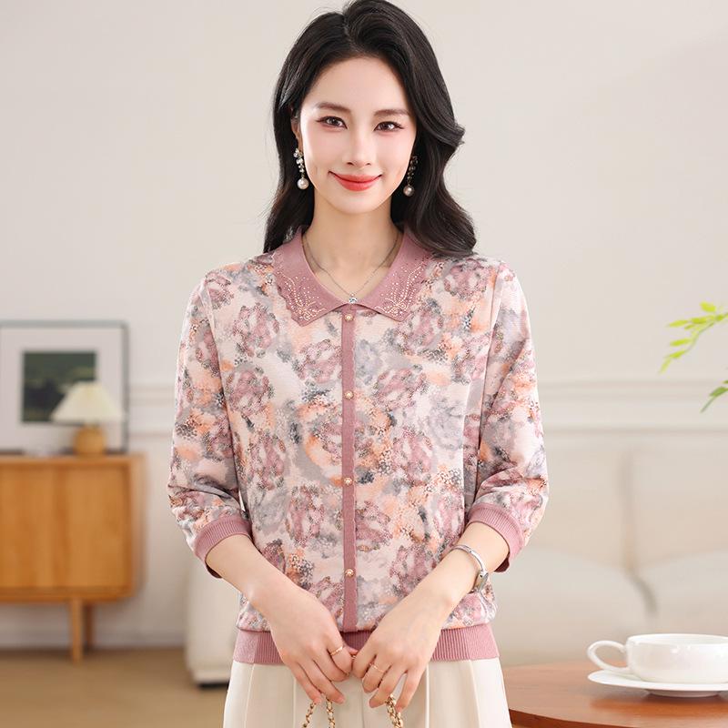 

2026 Spring/Summer Tencel Floral Lapel 3/4-Sleeve Ice Silk Top for Mothers 2XL (recommended 55-60 kg) фіолетовий
