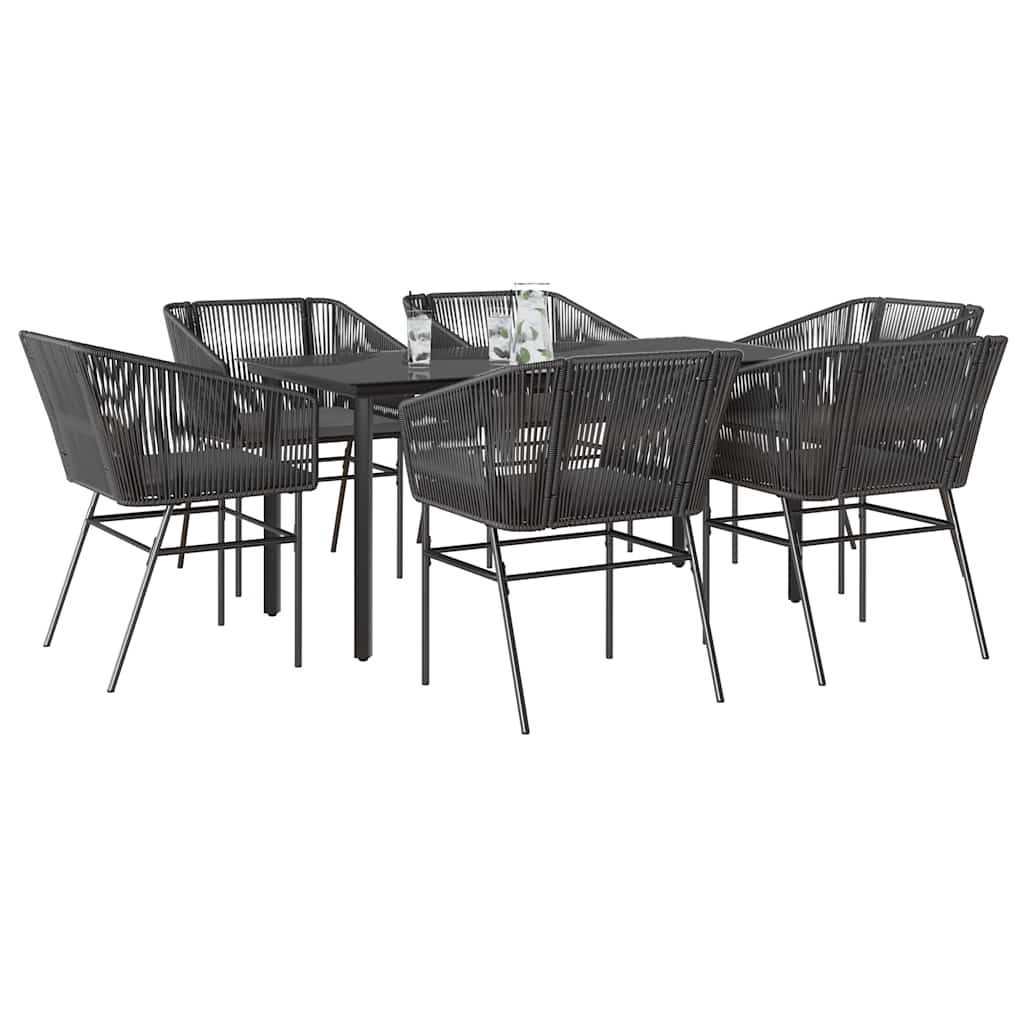 7 Piece Outdoor Dining Set with Cushions Black Poly Rattan & Glass