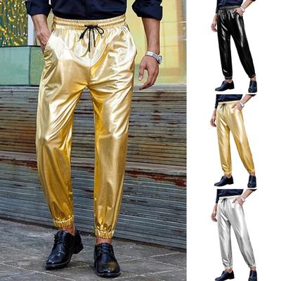 Men Performance Pants Drawstring Elastic Waist Ankle-banded with Pockets Glossy Surface Disco Trousers Stage Party Nightclub Cosplay Pants