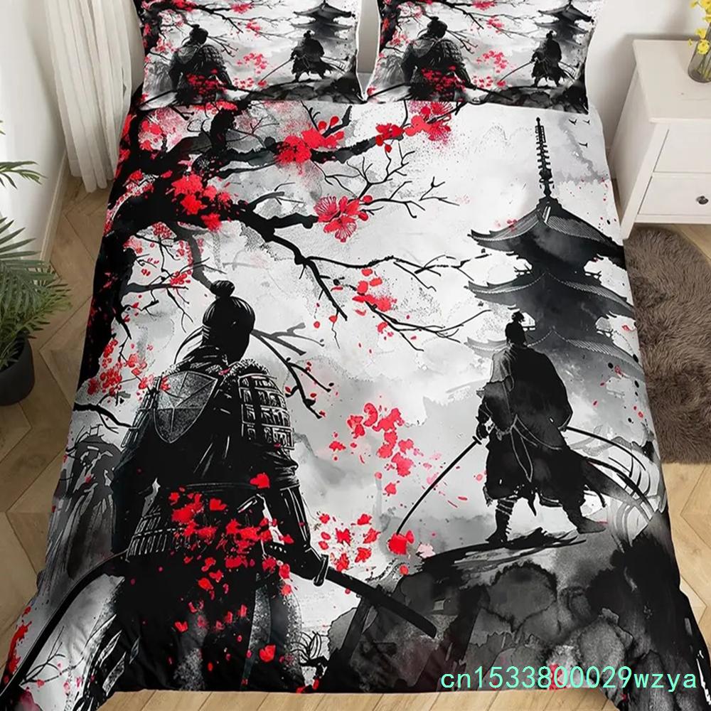 Japanese Samurai Bedding Set Full Size Cherry Blossoms Comforter Cover Red Sun Hokusai Duvet Cover Fuji Mountain Quilt Cover